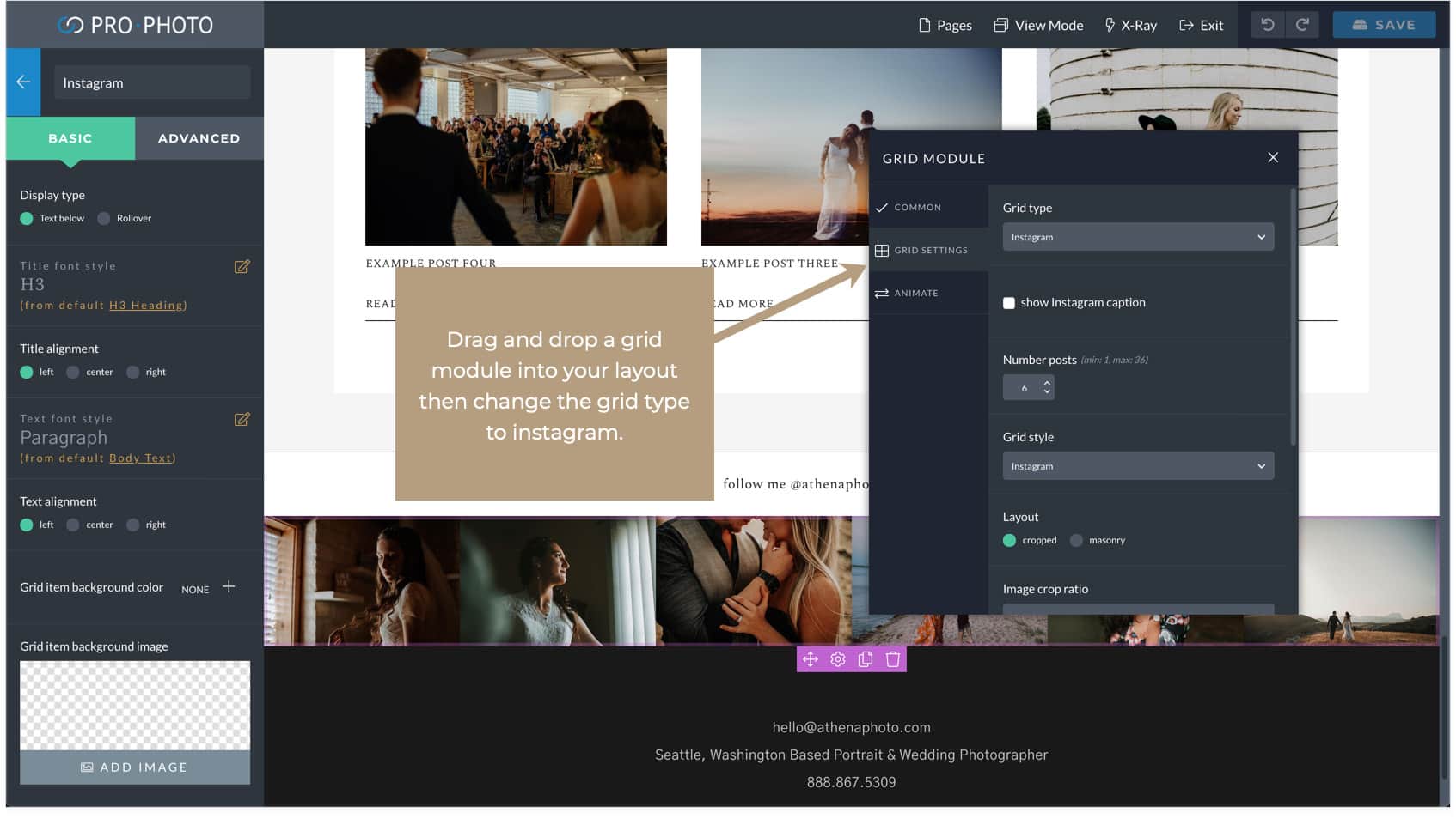 Drag and drop a grid module into your layout then change the grid type to instagram.