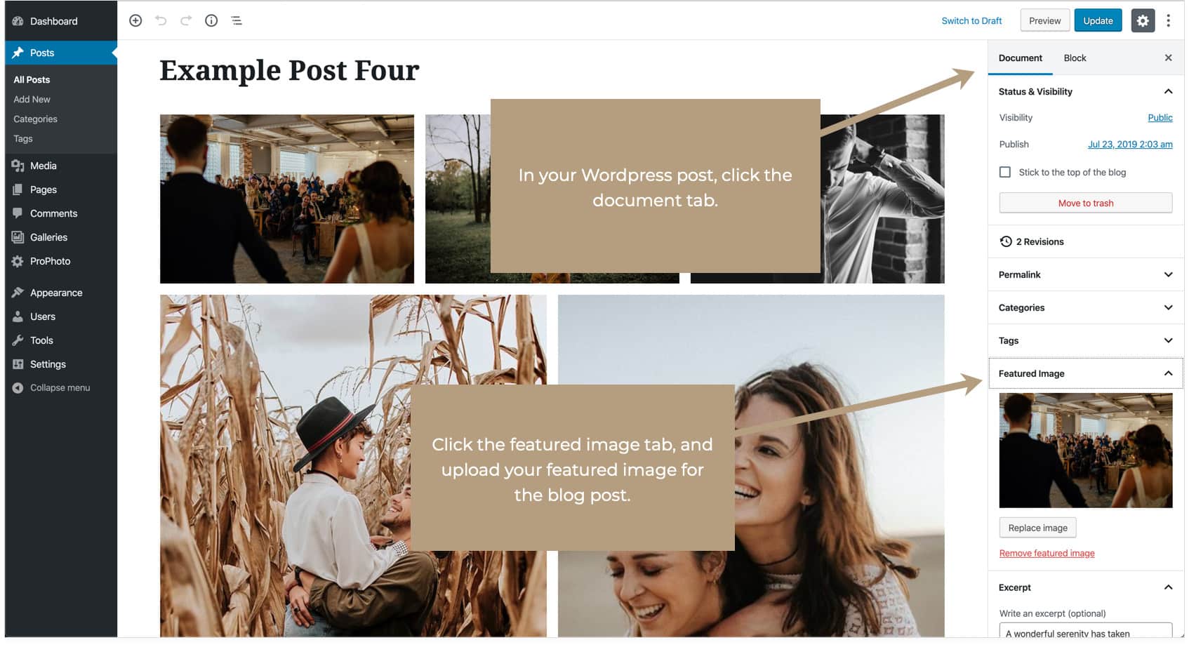 In your WordPress post, click the documents tab. Then click the featured image tab and upload your featured image for your blog post.