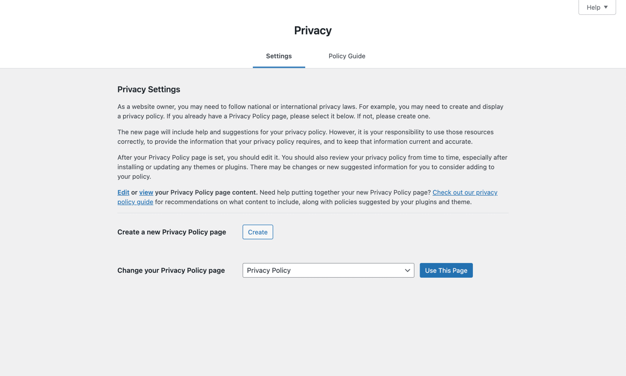Wordpress Privacy Policy Settings for being GDPR compliant.