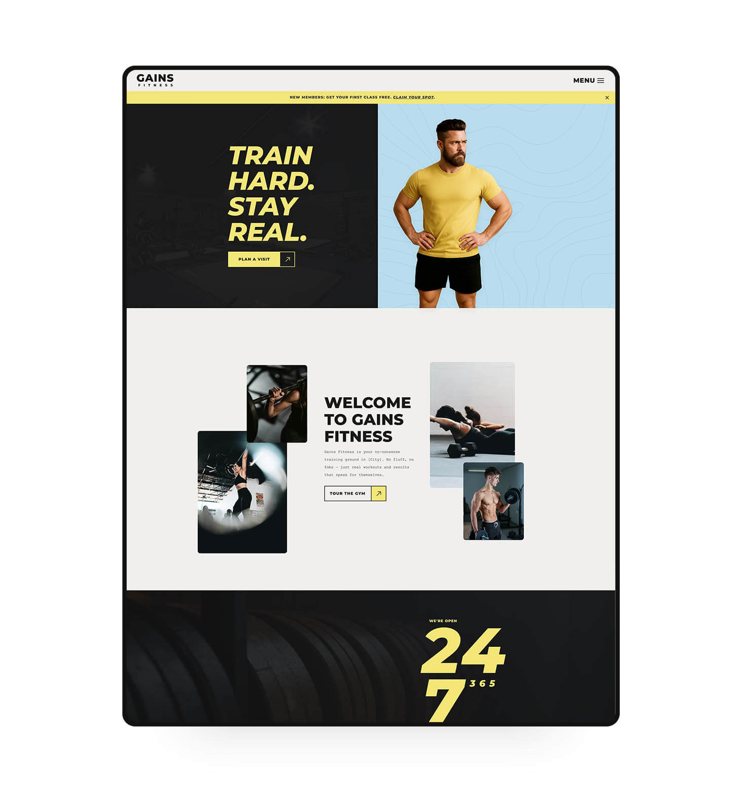 Homepage layout of the Gains Showit template – fitness website design for gyms and personal trainers