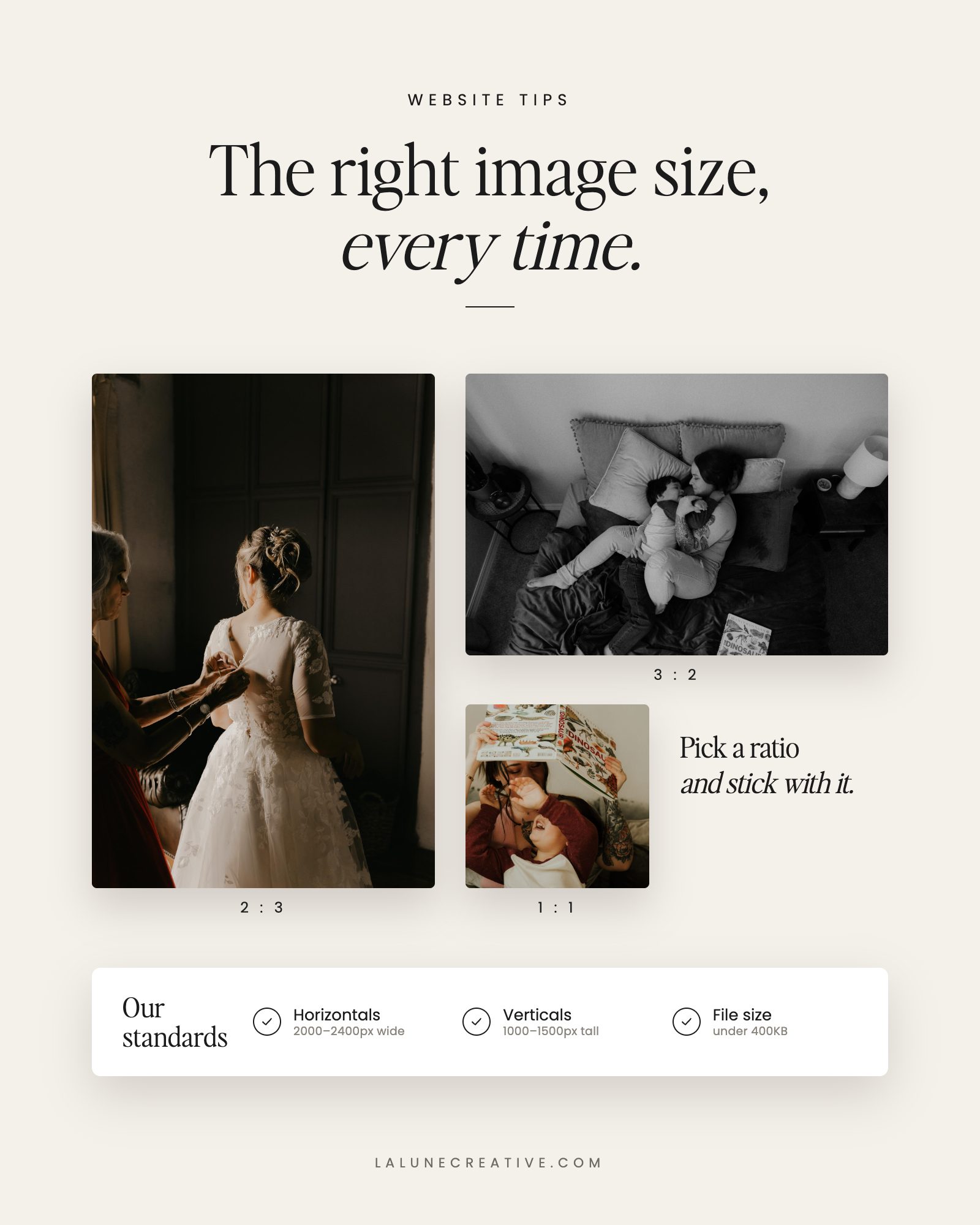 Best image sizes and crop ratios for WordPress and Showit: 2:3, 3:2 and 1:1 photos
