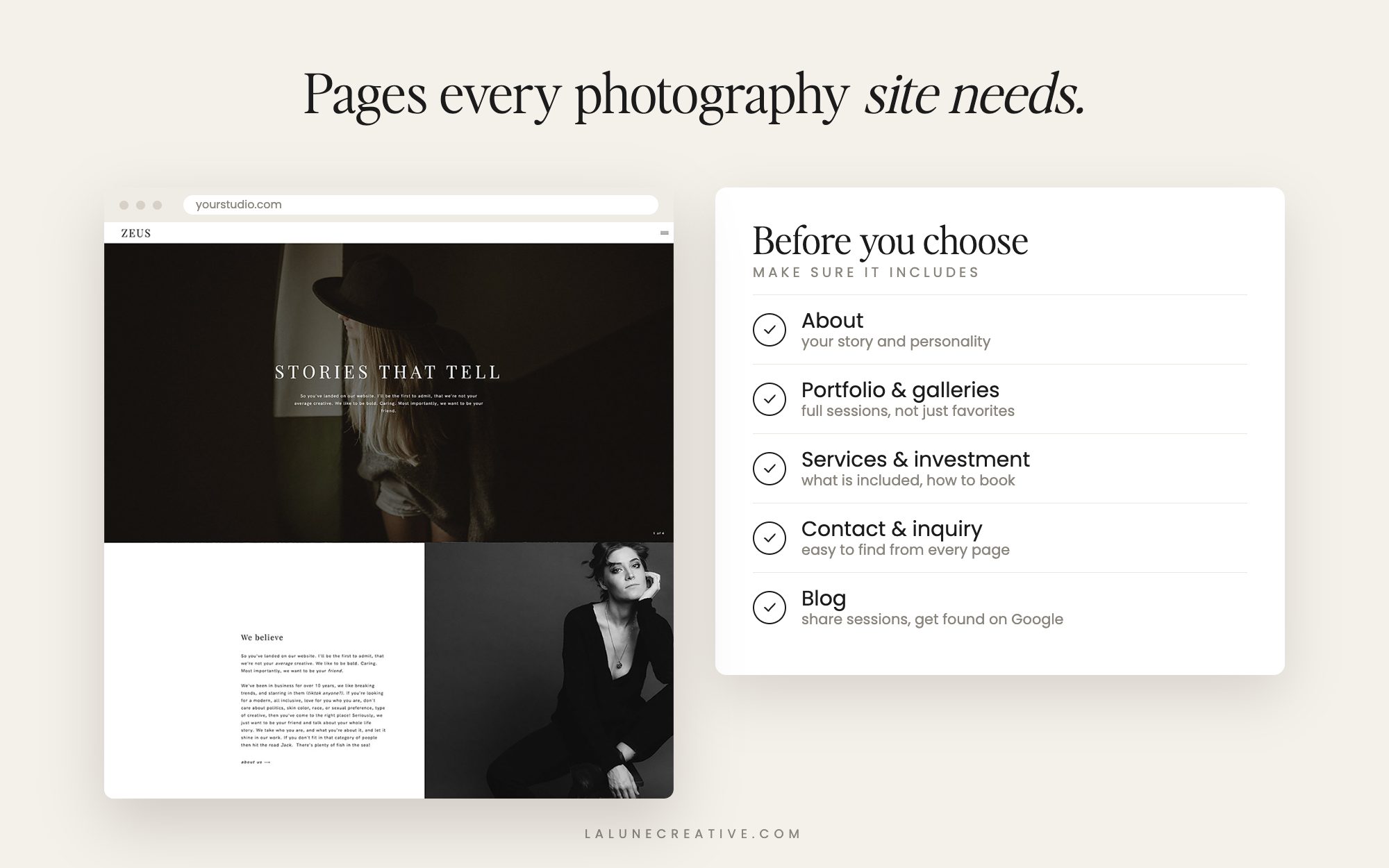 Pages every photography website needs: about, portfolio, services, contact, blog