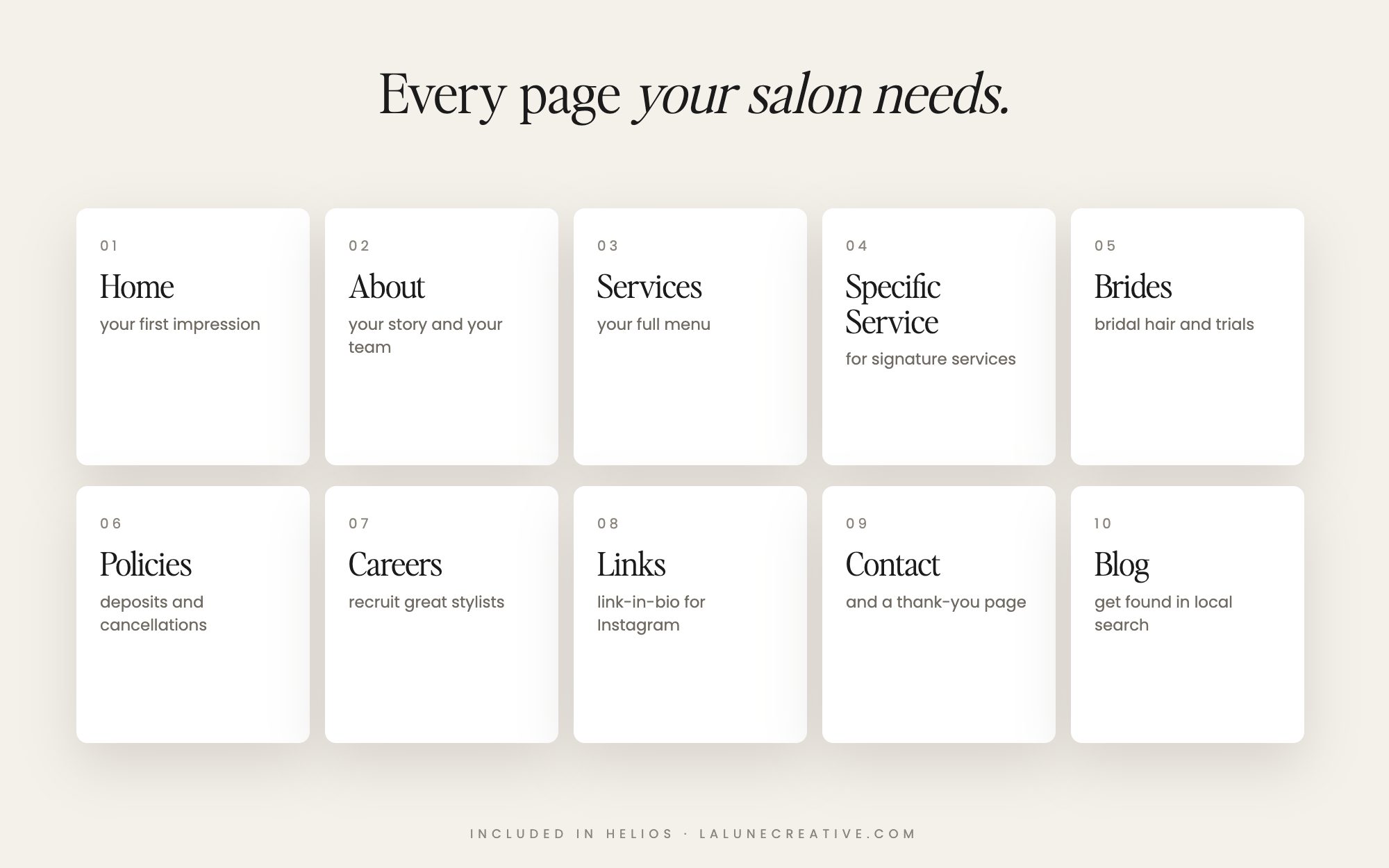 Every page a salon website needs, included in the Helios Showit template