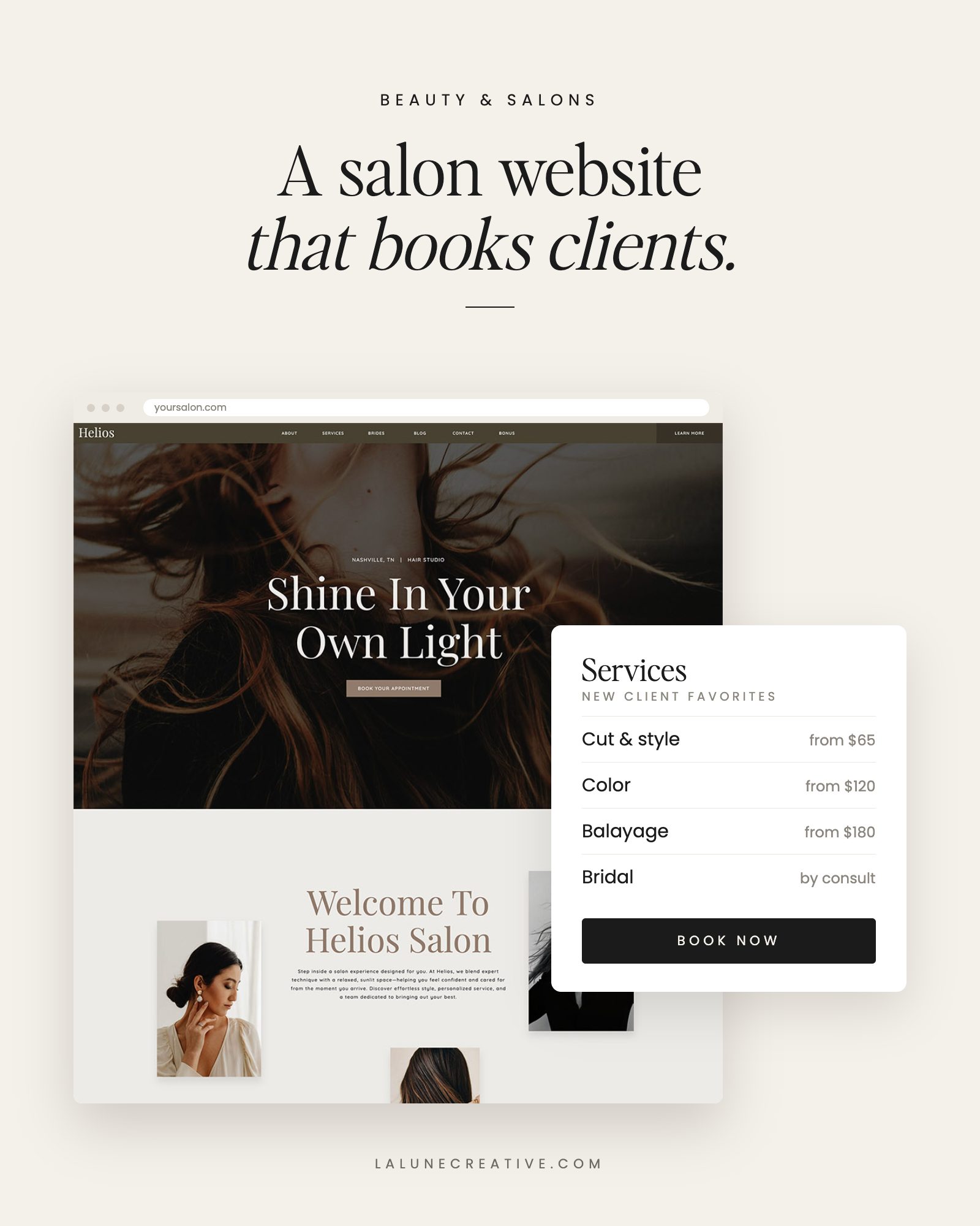 Helios Showit salon website template with services menu and book now button