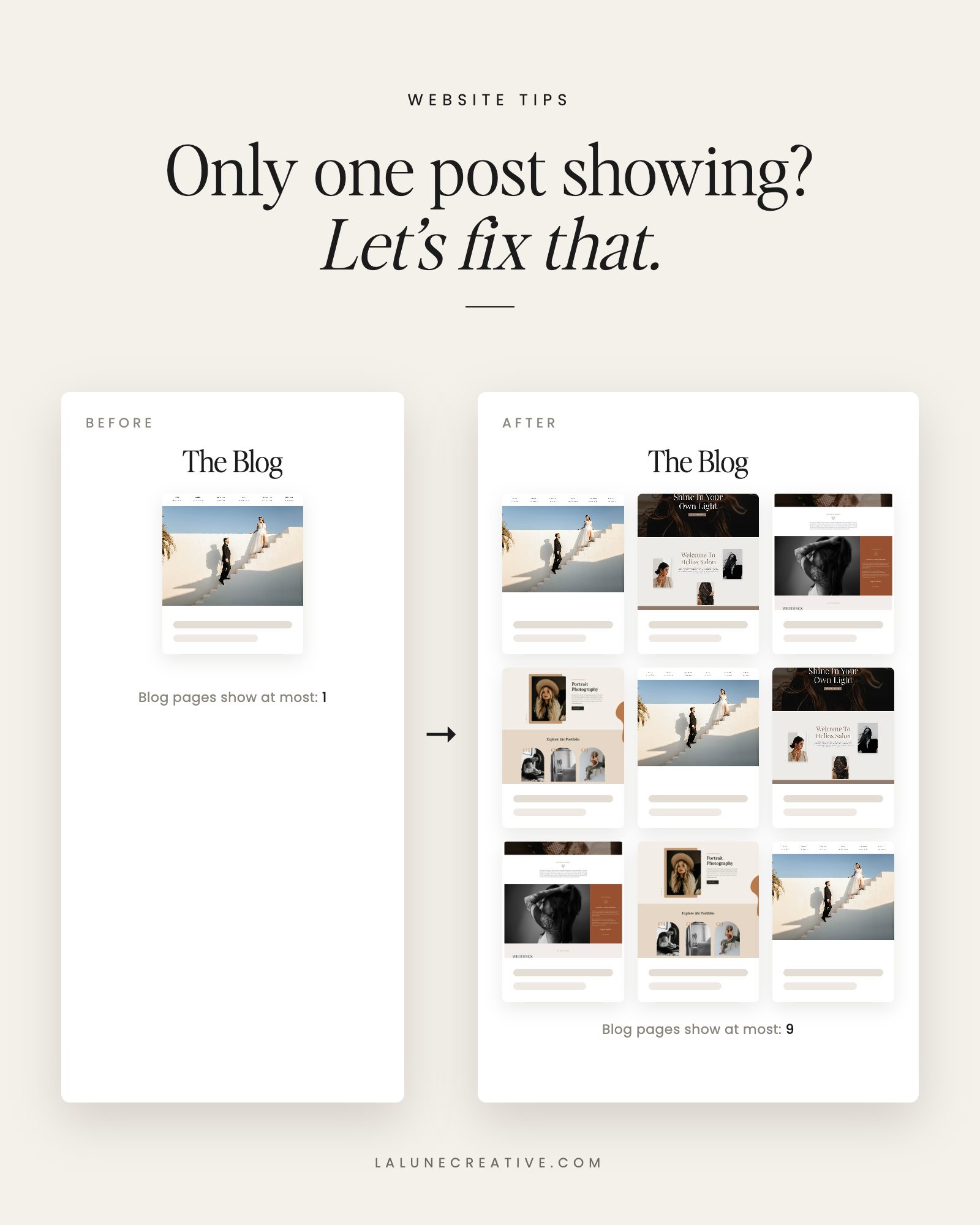 Showit blog showing one post before and after fix