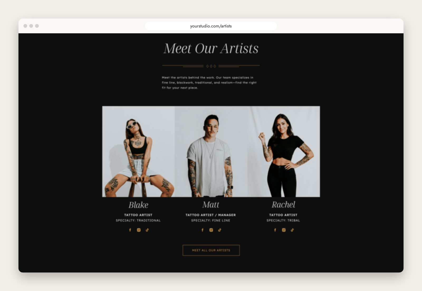 Ares Showit template artist section with three tattoo artist portraits, specialties and social links