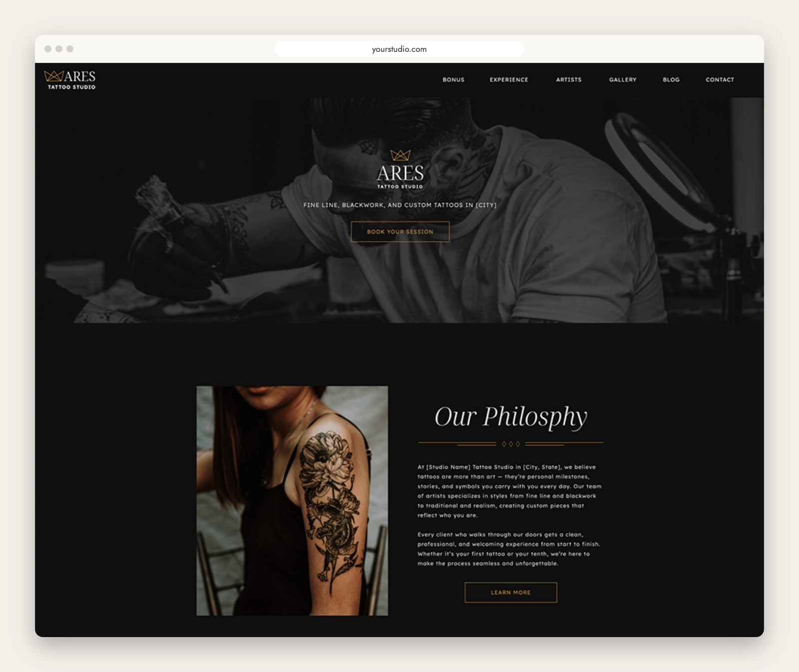 Ares Showit template home page for a tattoo studio with hero image, philosophy section and booking button