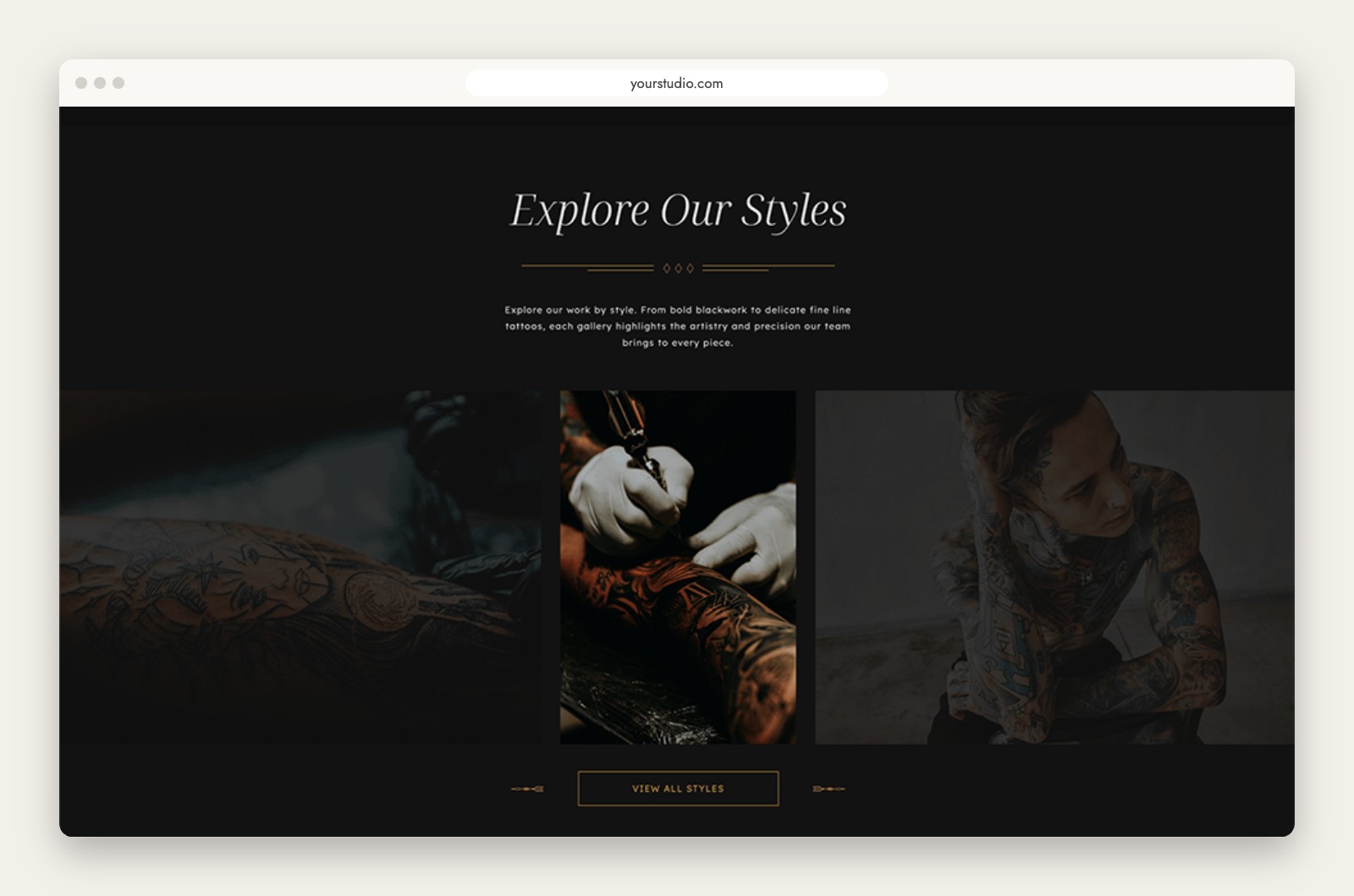 Ares Showit template styles section with three tattoo gallery images