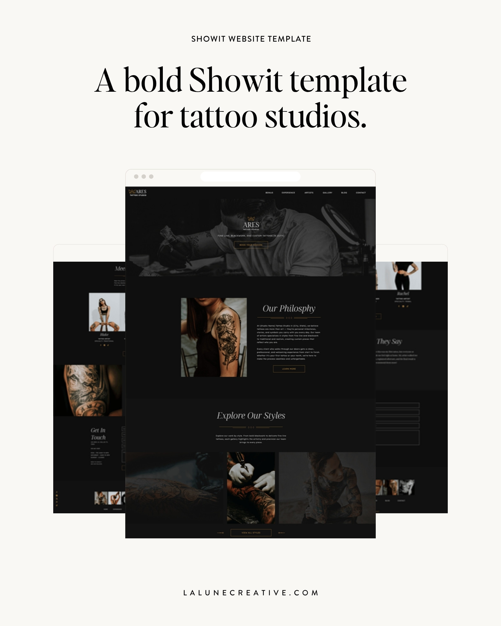 Ares Showit website template for tattoo artists and studios, shown on three desktop pages