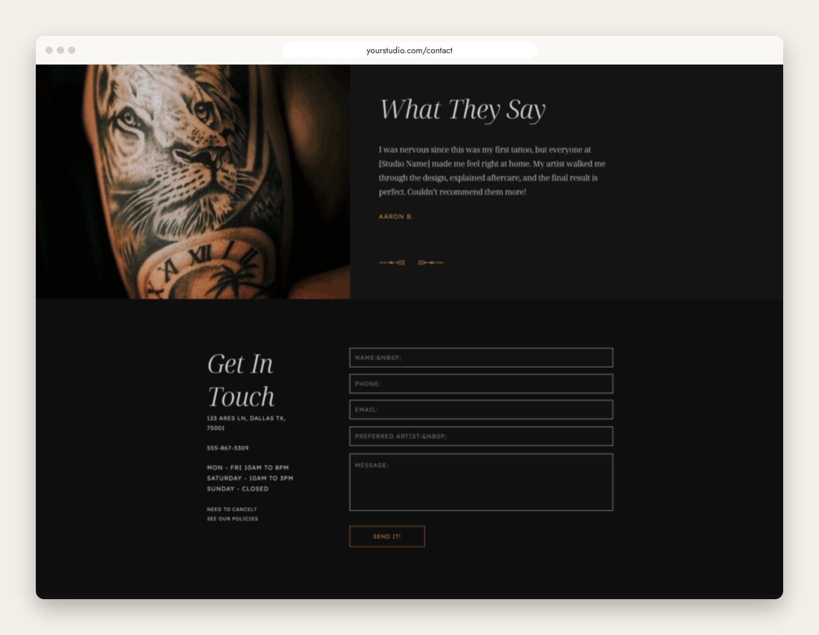 Ares Showit template testimonial section and contact form for booking a tattoo appointment