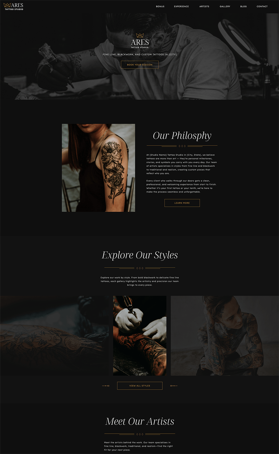 Preview of Ares Showit website template for tattoo artists and studios